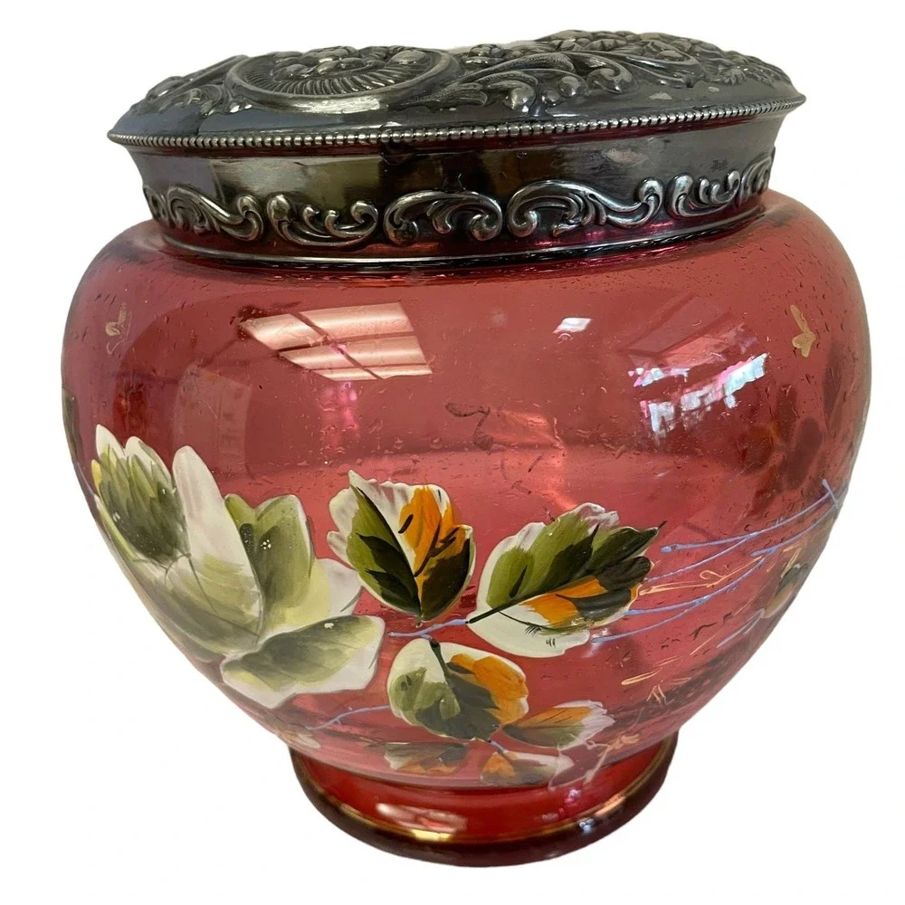 Antique Cranberry Glass Biscuit Jar Hand Painted Floral Victorian Silver Lid Red